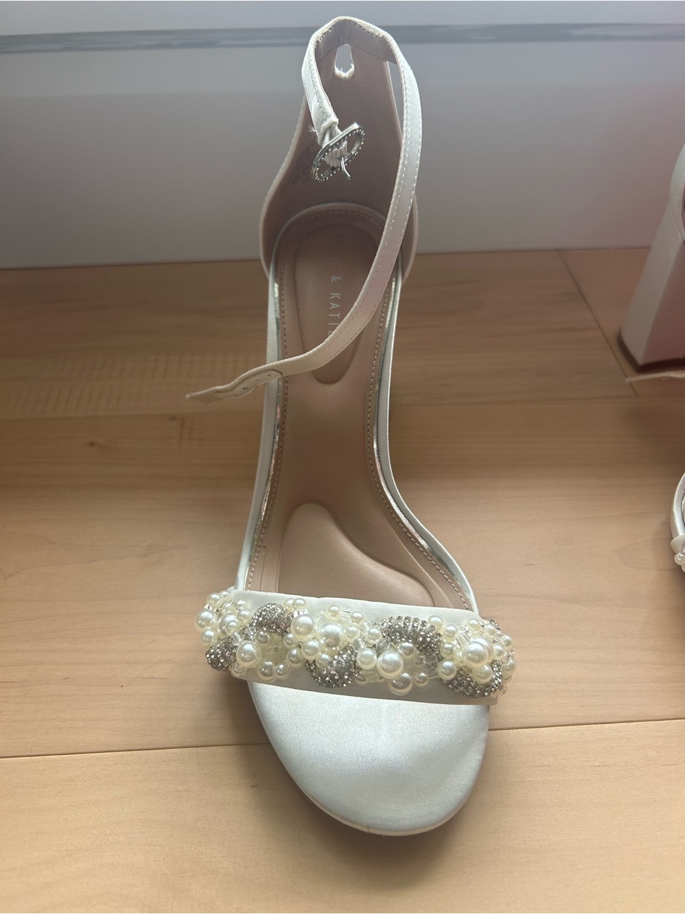 Pearl-Embellished White Satin Ankle-Strap heel